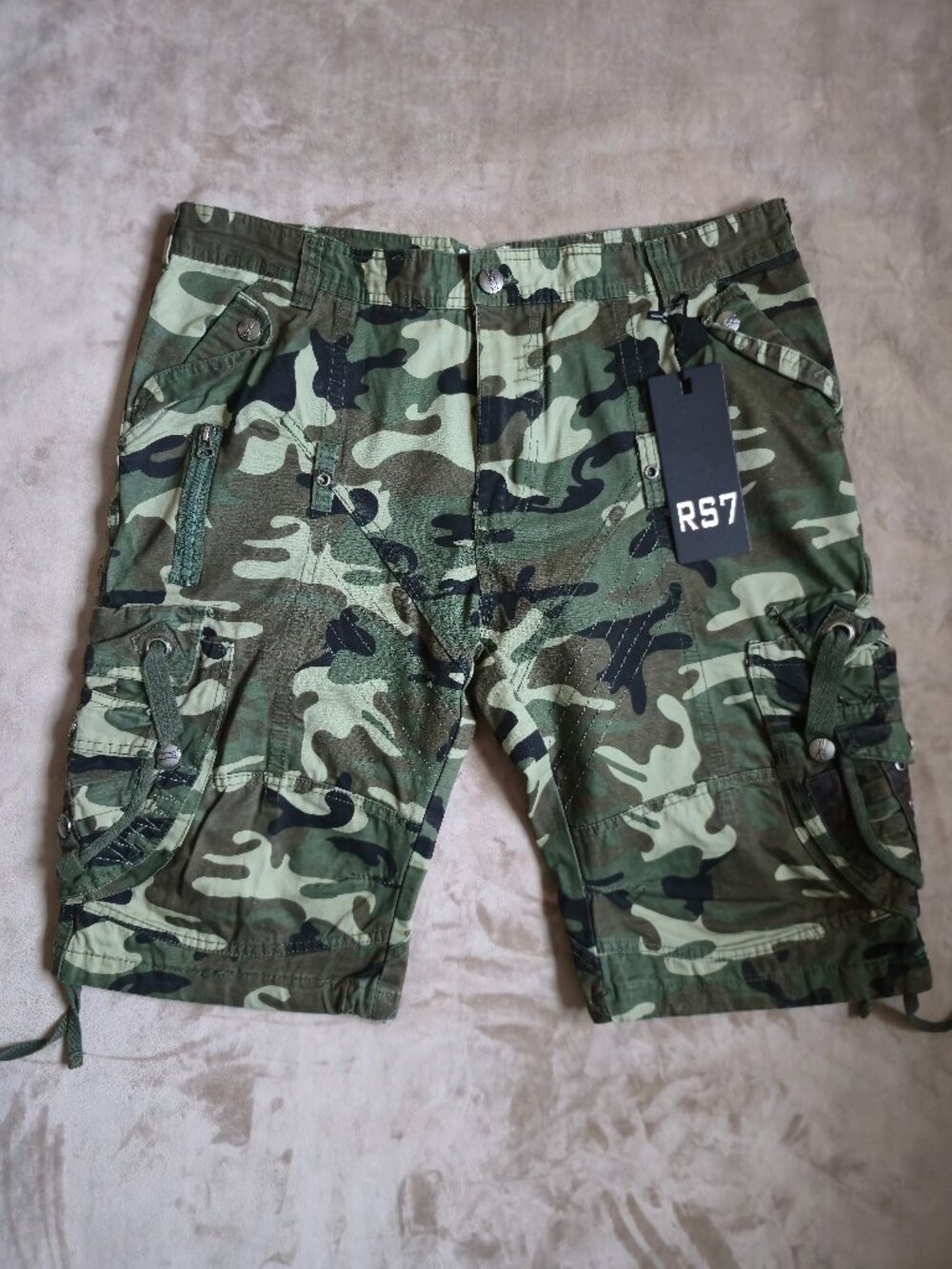 NWT RS7 Woodland Camo Multi-Pocket Cargo Shorts Drawstring Men's Size 38